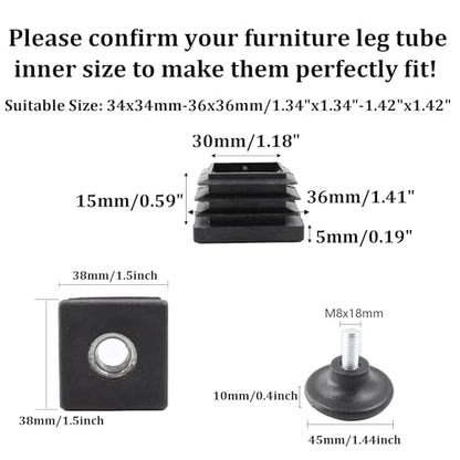 8Pcs Adjustable Leveling Feet 38 x 38mm Square Insert Kit Furniture Glide Leveler, Leveling Screw Leg for Cabinets Sofa Tables Chairs Raiser, Black - size: 38x38mm