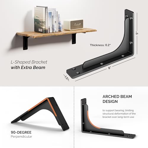 BATODA 8" x 5" L Bracket with Beam - Shelf Brackets Black 300 Lbs Capacity - Heavy Duty Shelving Brackets for Floating Shelves - Wall Mounted Support for DIY – Mounting Hardware Included (Pack 4) - size: 8 Inch