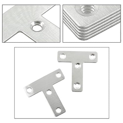 Hordion Stainless Steel Flat Corner Brace - 10Pcs 2 x 2 Inch T Bracket, Heavy Duty Right Angle Repair Plates with Screws - size: 2" x 2" (Silver), style: T-Shape