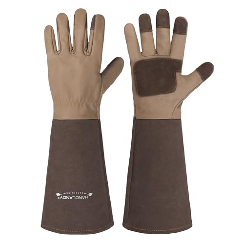 HANDLANDY Long Gardening Gloves for Men & Women, Cowhide Leather Rose Pruning Gloves- Breathable & Durable Gauntlet Glove (Medium, Brown) - color: Brown, size: Medium (Pack of 1)