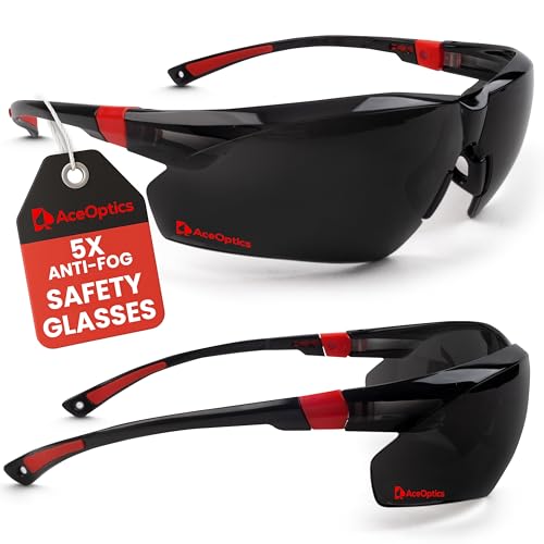 Safety Glasses – ANSI Z87 Certified, 5X Anti-Fog ClearShield™ Lenses with Premium Hard Case & Accessory Bundle - color: Red & Black / Tinted