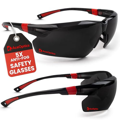 Safety Glasses – ANSI Z87 Certified, 5X Anti-Fog ClearShield™ Lenses with Premium Hard Case & Accessory Bundle - color: Red & Black / Tinted
