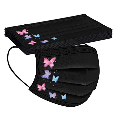 50Pcs Black Face Mask Adult Breathable Mask Butterfly Protective 3Ply Earloop Face Mask for Men Women