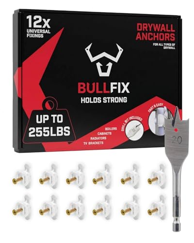 Bullfix Drywall Anchors and Screws Kit - Starter 12 Pack, Holds 255lbs, Heavy Duty Drywall Anchors for Shallow Hollow Cavity with 13/16" Drill Bit, Dry Wall Screws, Heavy Duty Dry Wall Kit - size: 12 Pack