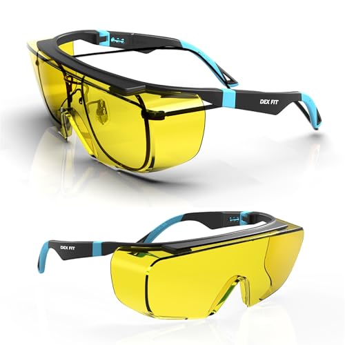 DEX FIT Safety Glasses Over Eyeglasses SG210 - Yellow Lens, Blue Light Blocking, Night Vision, Anti-Fog, UV 400 Protection, Z87.1 Certified, Adjustable Temples for Men & Women; Black & Orange, 1 PC - color: Black/Orange - Yellow, size: 1 PC