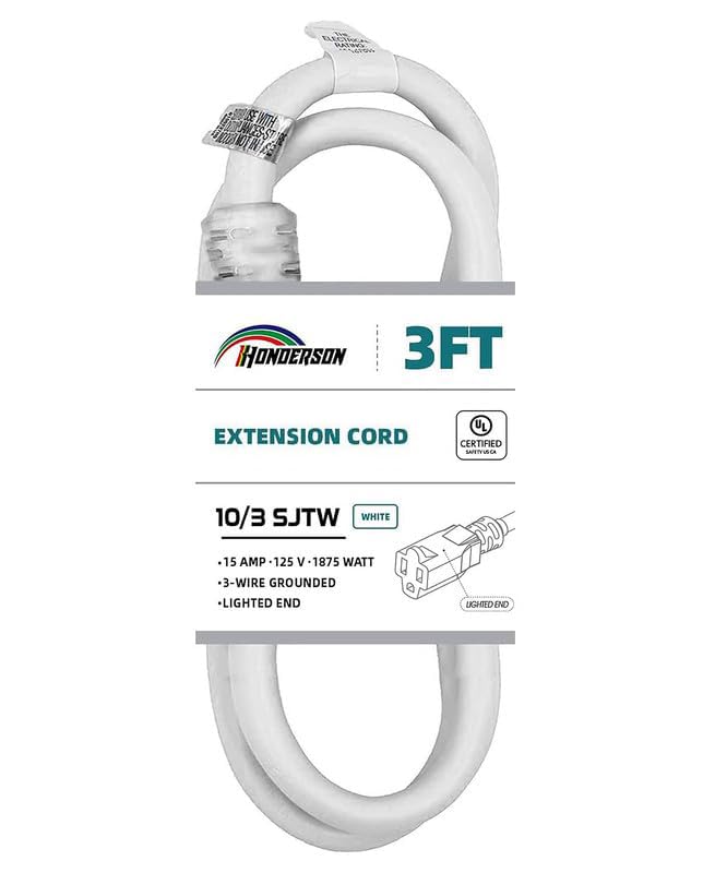 Extension Cord Weatherproof with Lighted End, UL Certified, 10 Gauge 3FT White 3 Prong Heavy Duty, 10/3 SJTW 15A Power Cord for Lights, Lawn - size: 3FT, style: 10/3