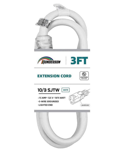 Extension Cord Weatherproof with Lighted End, UL Certified, 10 Gauge 3FT White 3 Prong Heavy Duty, 10/3 SJTW 15A Power Cord for Lights, Lawn - size: 3FT, style: 10/3