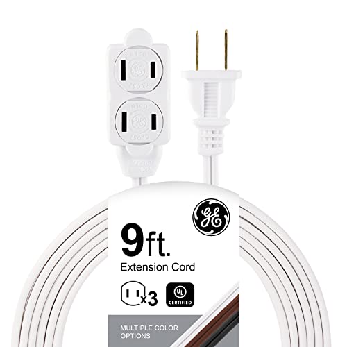 GE 3-Outlet Extension Cord with Multiple Outlets 9 Ft Extension Cord Power Strip 2 Prong 16 Gauge Twist-to-Close Safety Outlet Covers Indoor Extension Cord Outlet Extender UL Listed White 51947 - color: White, size: 9 Ft
