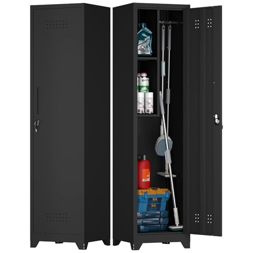Slim Broom Closet Storage Cabinet, Black Metal Cabinets with Lock and & S-Hooks, Cleaning Supply Cabinet, Utility Closet Cabinets for Garage, Office, Gym - color: Black, size: 65''H-1 door