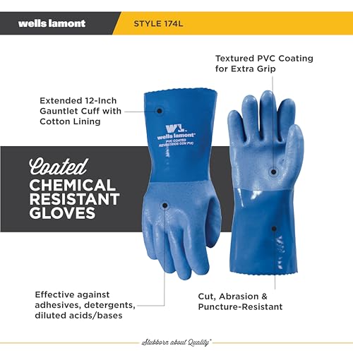 Wells Lamont Heavy Duty Rubber Gloves with PVC Coating, Chemical and Abrasion Resistant, Waterproof, 12-Inch Cuff, Large, Blue (174L)