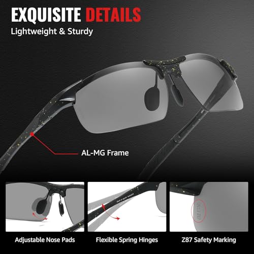 TJUTR Mens Photochromic Sunglasses Day & Night Driving Z87 Sun Glasses Polarized UV400 Protection Safety Glasses - color: B Black Yellow Dot/Z87 Photochromic Polarized Safety Lens