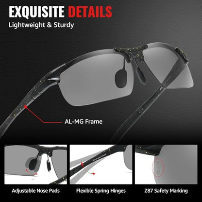 TJUTR Mens Photochromic Sunglasses Day & Night Driving Z87 Sun Glasses Polarized UV400 Protection Safety Glasses - color: B Black Yellow Dot/Z87 Photochromic Polarized Safety Lens