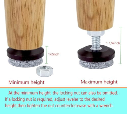 Furniture Levelers- Adjustable Felt-Bottomed Pads,Pack of 8, Chair Leveling Glides,Heavy Duty Threaded Furniture Glides- Hardwood Floor Protectors- Leveling feet (8)