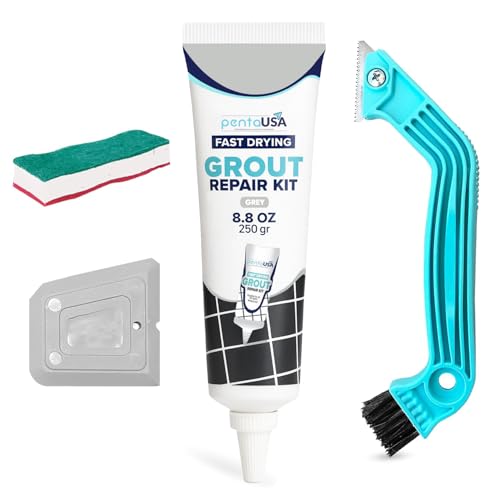 PentaUSA Tile Grout Repair Kit with Removal Tool - Premixed Acrylic Sanded Grout Filler for Bathroom, Shower, and Kitchen, Includes Applicator Spatula, and Sponge - (Gray) (8.8oz / 250g) - style: Grey