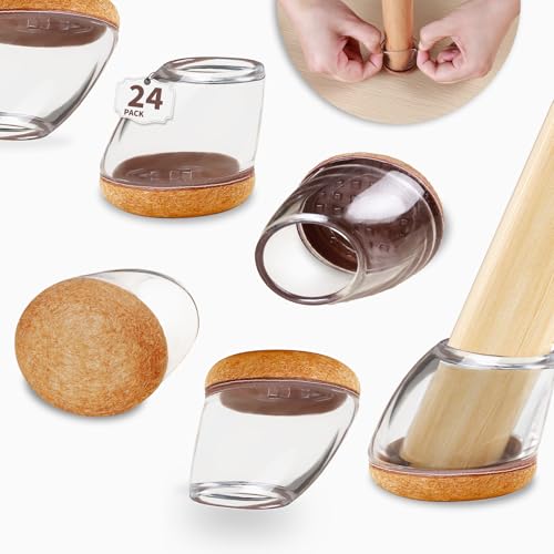 24 PCS Chair Leg Protectors for Hardwood Floors, Round Silicone Cups with Felt Pads for 15-25° Slanted Legs, Table Chair Leg Covers to Protect Floors, Anti-Scratch & Noise(Clear, Fit 1.1"-1.4") - size: L-24PCS-(Fit:1.1"-1.4")-Clear