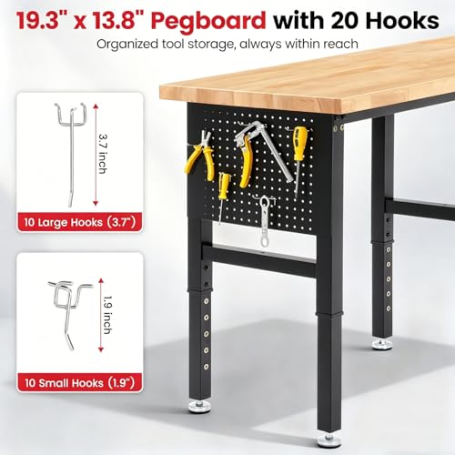 ENJOYWOOD 72" x 24" Heavy Duty Workbench Adjustable Height Garage Work Table with Solid Rubberwood Top, Extended Pegboards & Power Outlets for Workshop, Home & Office - size: 72 Inch
