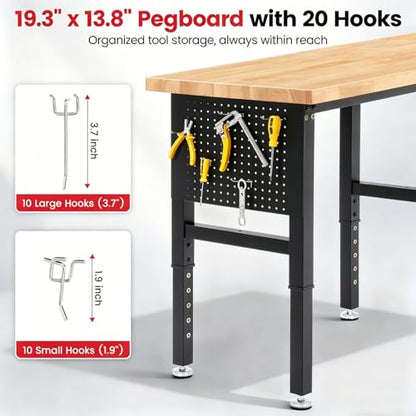 ENJOYWOOD 96" x 24" Heavy Duty Workbench Adjustable Height Garage Work Table with Solid Rubberwood Top, Extended Pegboards & Power Outlets for Workshop, Home & Office - size: 96 Inch
