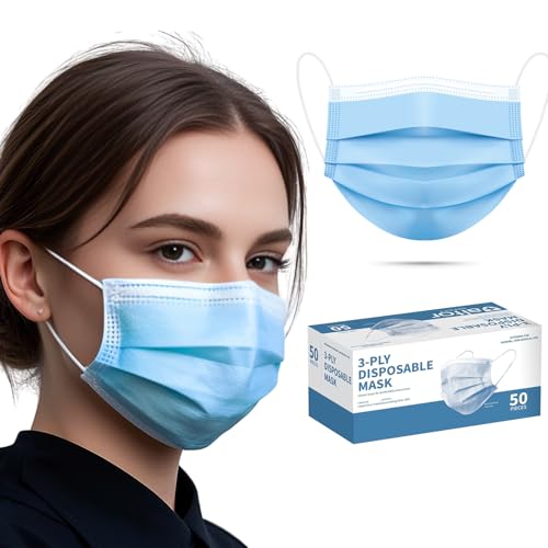 50pcs Blue Disposable Face Mask for Adults Women Men, 3-Ply Solid Blue Breathable Earloop Full Face Protection