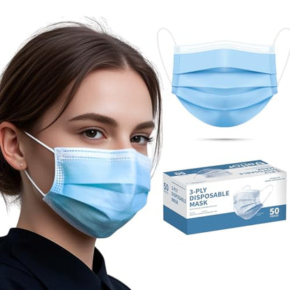 50pcs Blue Disposable Face Mask for Adults Women Men, 3-Ply Solid Blue Breathable Earloop Full Face Protection