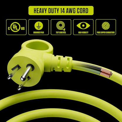 Masterplug 75ft Cord Reel, Retractable Extension Lead with Winding Handle, Safety Overload Circuit Breaker and Power Switch, 4x Grounded Outlets, 2x USB Ports, 13amps, 14AWG Cable - size: 75ft, style: 14 AWG