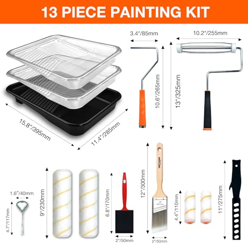 13 Pcs Paint Tray Set, Paint Brush, Paint Tray, 9" & 4" Paint Roller Covers and Wire Roller Frame, Can Opener, House Painting Supplies for Indoor and Outdoor Painting Walls, Ceilings, Trim - color: 13 Pack, 9" Paint Trays