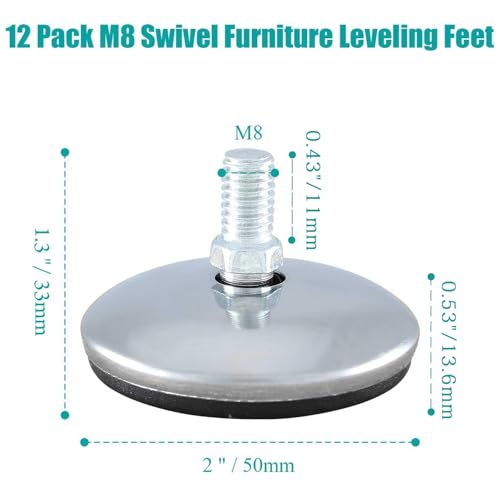 Bivethoi 12 Pack M8 Swivel Furniture Leveling Feet Table Leg Levelers, Adjustable Leveling Feet Heavy Duty Sofa Feet with T Nut, Threaded Swivel Foot Pads Chair Glides for Cabinet Bench, 2 Inch OD - size: M8 (2 Inch)