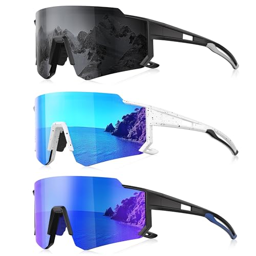 3 Pack Polarized Sunglasses for Men Women, Sports Mens Sunglasses with UV Protection for Baseball Cycling Running - color: A06-gray/Ice Blue/Dark Blue