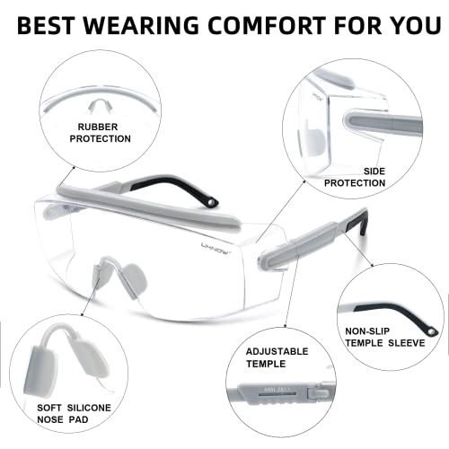UKNOW Safety Goggles Over Glasses, Safety Glasses Anti Fog Wraparound Eye Protection, Protective Eyewear ANSI Z87.1 - color: Gray