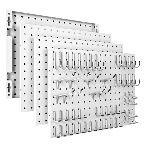 Spampur Peg Board, 4 Pack Metal Pegboard Panels with 50 Hooks, White Pegboards Wall Organizer, Heavy Duty Peg Board for Walls Home, Garage Tool Storage, Office Organization, Craft Room, Kitchen - color: White, size: 16x12"- 4 Pcs