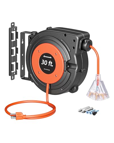 DEWENWILS 30FT Retractable Extension Cord Reel, 16/3C SJTW Heavy Duty Power Cord, Lighted Triple Outlets, 10A Circuit Breaker, Lightweight 180° Swivel Bracket, Ceiling/Wall Mount, ETL Listed, Orange - color: Orange