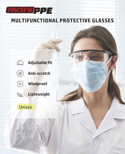 PACIFIC PPE 2 Pack Safety Glasses for Men and Women, ANSI Z87 Safety Goggles with Scratch Resistant Clear Wraparound Lenses, Adjustable Lab Goggles, UV Protection Lab Glasses