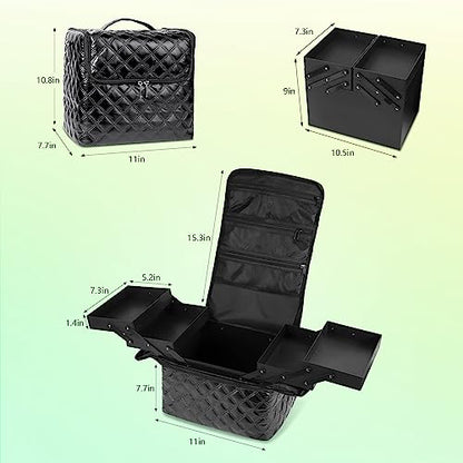 Deciniee Travel Makeup Bag, 4 Trays Large Cosmetic Bag for Woman with Adjustable Dividers, Organizer Bag Waterproof, Travel Essentials Cosmetic Bag, Train Case for Nail Tech Black - color: Black PU Rhombic Regular