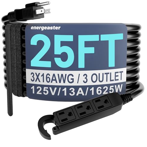 Energeaster 16/3 25 Ft 3 Outlet Extension Cord Outdoor Waterproof, Black Extension Cords with Multiple Outlets, 3 Prong with Multi Outlet Outside 13A 1625W 16AWG SJTW, ETL Listed - color: Black, size: 25ft