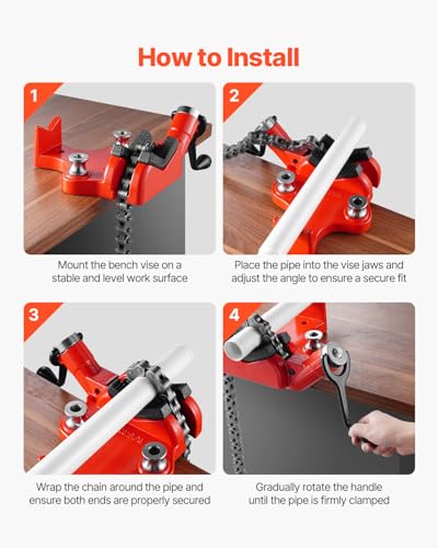 VEVOR Heavy-Duty Pipe Chain Vise, 1/4" - 6" Pipe Capacity, 28" Rugged Chain & Cast Iron Base, Industrial-Grade Pipe Clamping for Plumbing, Automotive Repairs, Metalworking - size: 1/4" - 6" Bench Mount