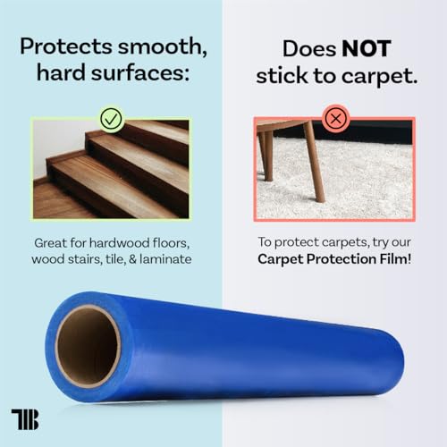 Floor Protection Film, 48 inch x 500' roll, Made in USA, Blue Self Adhesive Floor Protector for Moving and Construction, Temporary Covering for Protection of Hardwood, Tile, Hard Surfaces