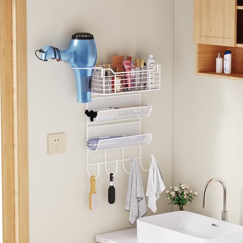 VITVITI Metal Hair Tool Organizer Wall Mount, Hair Dryer Holder with 3 Tier Shelf Basket Hooks, Bathroom Hair Styling Tool Organizer for Curling Iron/Blow Dryer/Straightener, White - color: 4 Tiers White