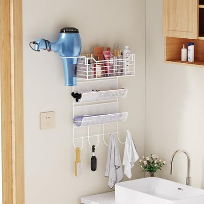 VITVITI Metal Hair Tool Organizer Wall Mount, Hair Dryer Holder with 3 Tier Shelf Basket Hooks, Bathroom Hair Styling Tool Organizer for Curling Iron/Blow Dryer/Straightener, White - color: 4 Tiers White