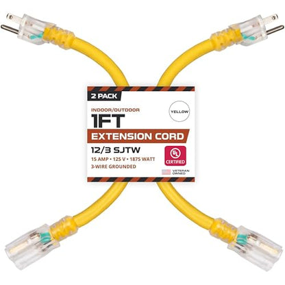 Iron Forge Cable 1 Foot Lighted Outdoor Extension Cord - 12/3 SJTW Heavy Duty Yellow Extension Cable with 3 Prong 15 AMP Grounded Plug for Safety - size: 1FT-2pk