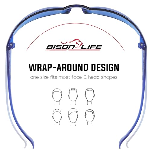 BISON LIFE Clear Safety Glasses – ANSI Z87.1 Scratch & Impact Resistant Wrap Around Eye Protection Goggles for Men & Women - color: Blue/Blue