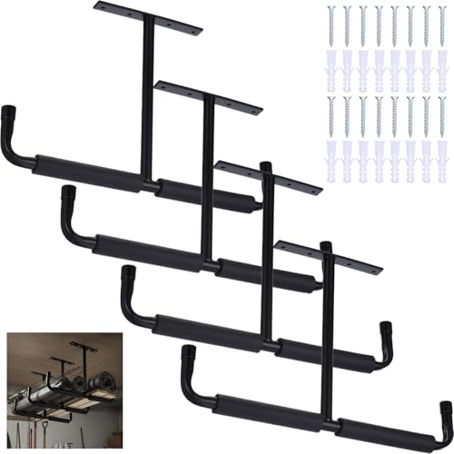 4 Pack Overhead Garage Storage Hooks, 17" Heavy Duty Ceiling Mount Hangers, Double T-Bar Metal Ladder Ceiling Racks, Hanging for Bike, Pipe Lumber, Fishing Rod, Sports Equipment