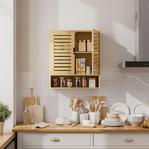 SMIBUY Bathroom Cabinet Wall Mounted, Bamboo Over-The-Toilet Storage Organizer, Space Saver Medicine Cabinet with 2 Door and Adjustable Shelves (Natural) - color: Natural