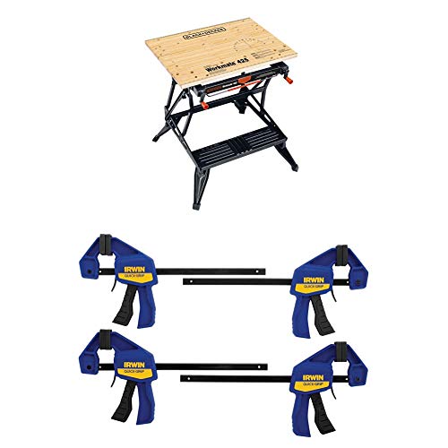 BLACK+DECKER Portable Workbench, Project Center and Vise with IRWIN QUICK-GRIP Clamps, One-Handed, Mini Bar, 6-Inch, 4-Pack (WM425-A & 1964758) - style: w/ 4pk Clamps
