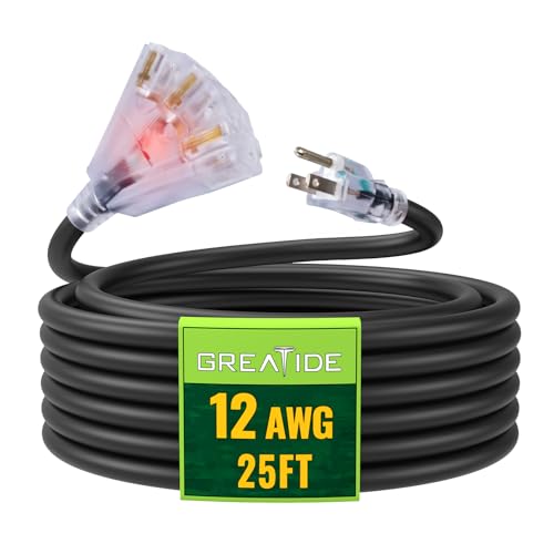 25 Ft Lighted Outdoor Extension Cord with 3 Electrical Power Outlets - 12/3 SJTW Heavy Duty Black Extension Cable with 3 Prong Grounded Plug for Safety, UL Listed - color: Black, size: 25ft