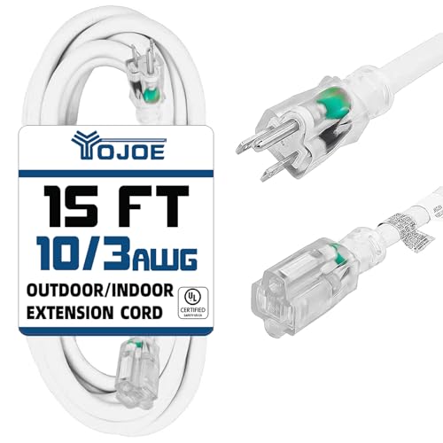 YOJOE Indoor Outdoor Extension Cord with Lighted End, 3 Prong 15A Weatherproof Power Cord, 10 Gauge Heavy Duty 15 ft White Extension Cord for Garage, Garden and Home, 10/3 SJTW UL Listed - color: White, size: 15 Foot