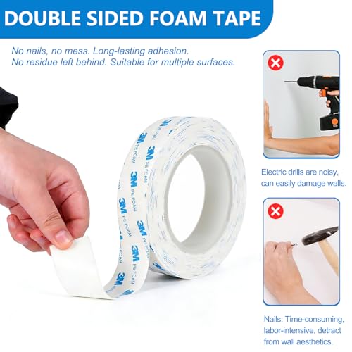 Heavy Duty Double Sided Tape 2in X 9.85ft, Removable No Residue Foam Adhesive Strips, Mounting Tape for Walls, Pictures, Posters, LED Light Strips & Home Decor (2in) - size: 2in