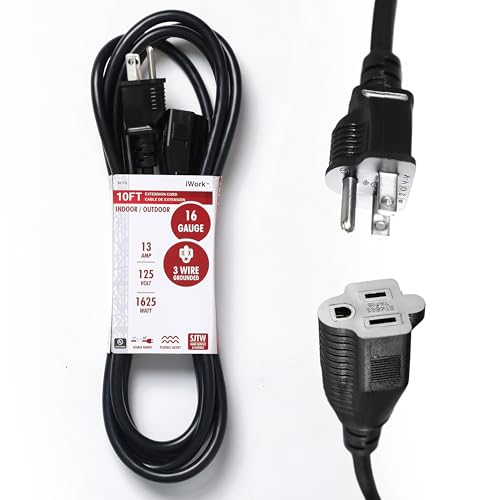 10ft Black Extension Cord, 16/3 SJTW Heavy-Duty, 10' Cable 3-Prong Grounded Plug, Weather-Resistant Power Strip, UL Listed, 13 Amp/1625 Watt Capacity, 10-Foot Extension Cords for Indoor/Outdoor - size: 10-Foot