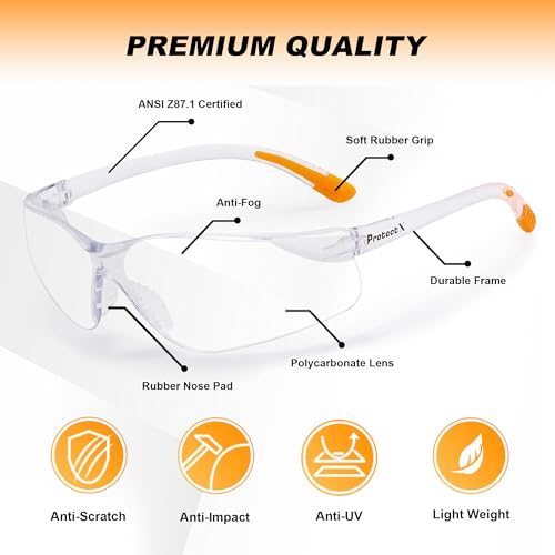 ProtectX Safety Glasses for Men & Women, Safety Sunglasses with Anti-Fog Scratch Resistant Lenses, Non-Slip Grips, ANSI Z87.1 - color: Olympus Clear 6 Pk