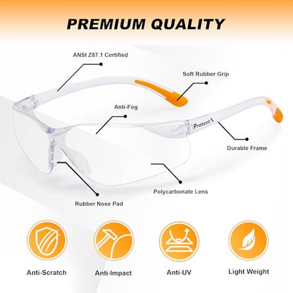ProtectX Safety Glasses for Men & Women, Safety Sunglasses with Anti-Fog Scratch Resistant Lenses, Non-Slip Grips, ANSI Z87.1 - color: Olympus Clear 6 Pk
