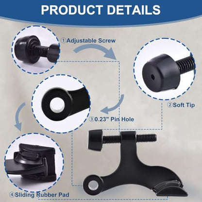 5 Pack Premium Hinge Pin Door Stopper Set, Adjustable Heavy Duty Door Stoppers with White Rubber Bumper Tips，Tool-Free Install, Quiet Close, Wall & Door Protection, Black (2-1/2" × 1-3/4")
