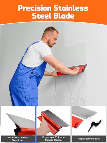 AZUNO Drywall Skimming Blade Set with Case| 10,16,24,32 Inch Stainless Steel Skimming Blades| 27"-60" Extension Handle, Compound Roller, Bucket Scoop & Putty Knife for Wall & Ceiling Finishing - size: 10+16+24+32 inch